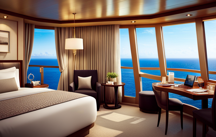 An image showcasing a luxurious stateroom on a Carnival cruise ship, with a spacious balcony offering breathtaking ocean views