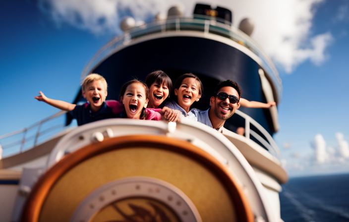 An image showcasing a family happily waving from the top deck of a Disney Cruise Line ship, with the iconic "GTY" stateroom door tag visible, emphasizing the excitement and anticipation of the passengers