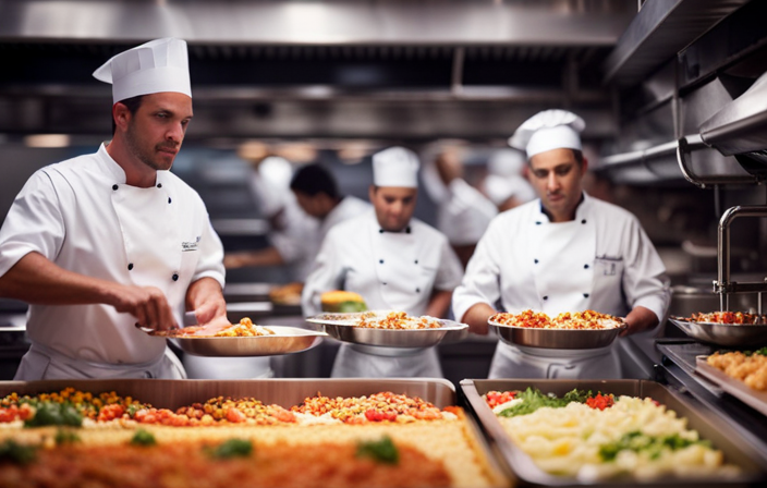 An image showcasing a cruise ship's massive kitchen, filled with bustling chefs and rows of industrial-sized kilos, each brimming with fresh ingredients, symbolizing the immense scale of culinary operations onboard