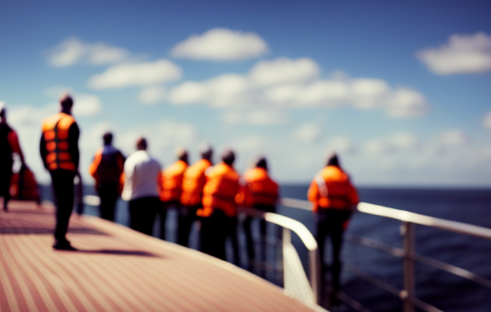 An image showcasing a serene cruise ship deck, filled with passengers donning life jackets and standing beside designated lifeboat stations