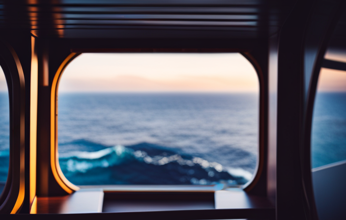 Create an image capturing the perspective from a cruise ship cabin with an obstructed view, showcasing a partially blocked window revealing a tantalizing glimpse of the vast ocean beyond, while obscured by structural elements
