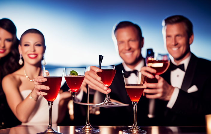 An image depicting a luxurious cruise ship bar, bathed in soft ambient lighting, with elegantly dressed patrons laughing and clinking glasses, surrounded by a vast selection of top-shelf spirits, colorful cocktails, and sparkling champagne flutes