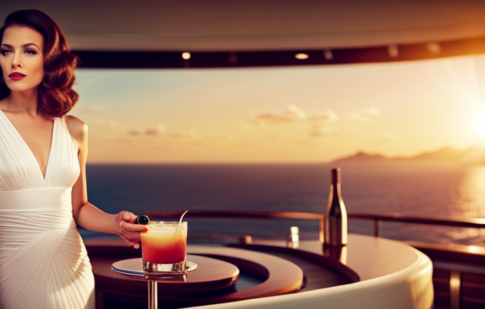 An image showcasing a luxurious cruise ship deck with a gleaming, fully stocked bar, where bartenders expertly prepare and serve a variety of colorful cocktails to happy, sun-kissed passengers in elegant attire