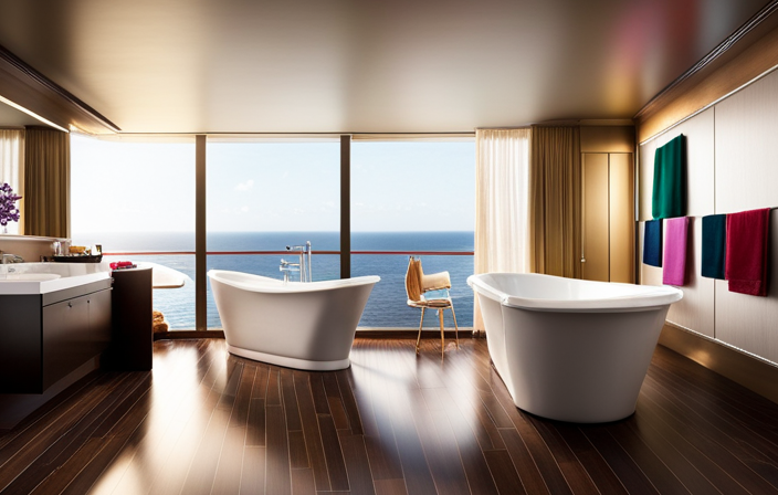 An image of a spacious Disney Cruise split bathroom, featuring a gleaming white bathtub on one side, adorned with colorful towels, and a sleek glass-enclosed shower on the other, complete with luxurious amenities