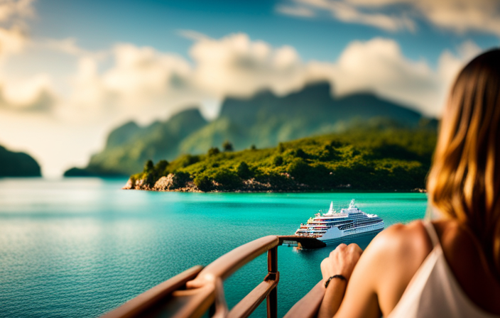 An image showcasing a breathtaking cruise ship anchored in the crystal-clear turquoise waters of a secluded bay, while a small, vibrant tender boat ferries excited passengers back and forth between the ship and a pristine tropical island