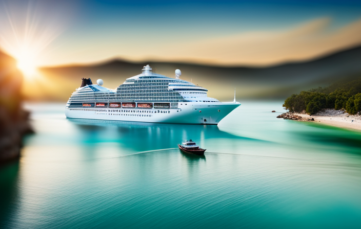 An image that captures the serene beauty of a cruise ship anchored in crystal clear turquoise waters, while smaller boats tender passengers ashore