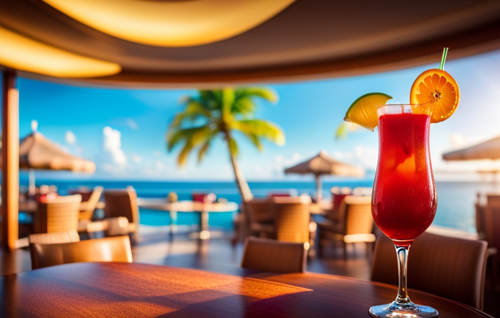 An image showcasing a vibrant tropical beach scene aboard a Carnival Cruise ship, with a festive poolside bar surrounded by palm trees, serving colorful frozen cocktails, refreshing mocktails, and tropical fruit-infused beverages