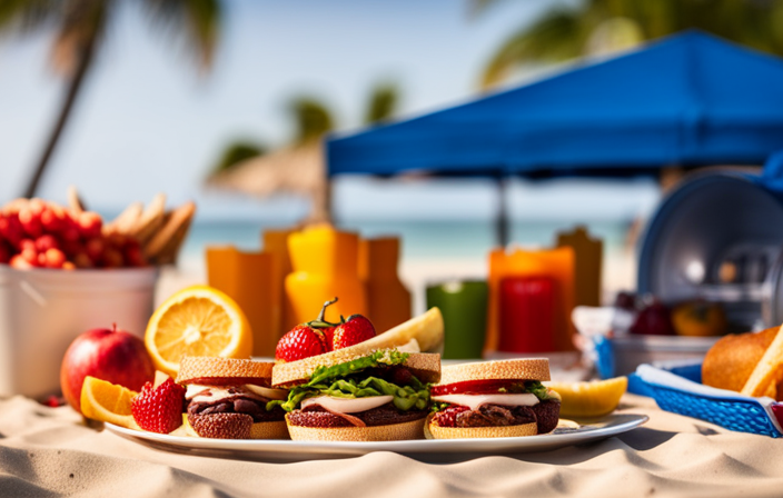 An image showcasing a colorful array of permissible food and drink items for a Carnival Cruise, including fresh fruits, sandwiches, bottled water, and canned beverages, neatly arranged in a beach-themed picnic setting