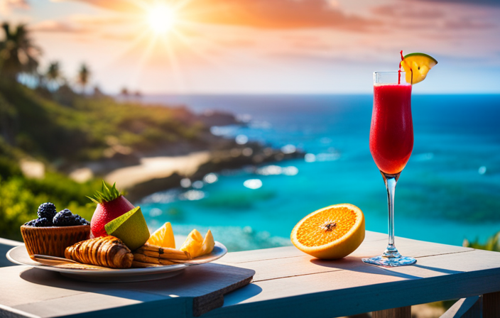 An image showcasing a vibrant assortment of delectable treats, including juicy tropical fruits, mouthwatering seafood delicacies, freshly baked pastries, and refreshing beverages, all neatly arranged on a sun-soaked deck against the backdrop of a sparkling azure ocean