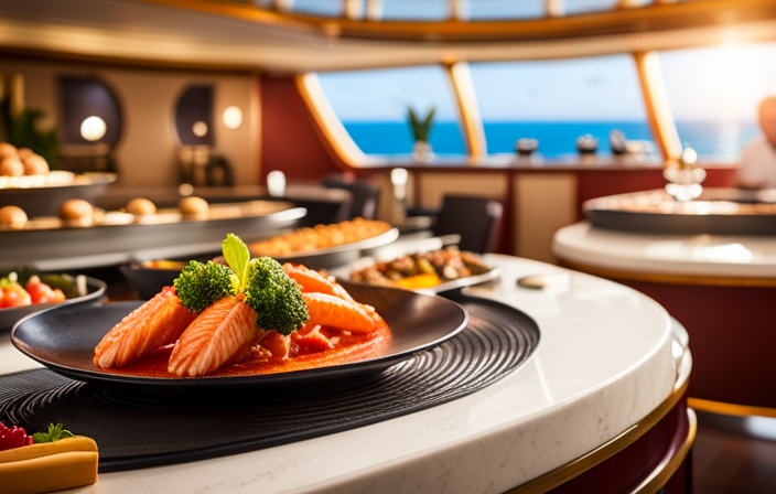 An image featuring a lavish buffet on a Disney cruise, adorned with colorful platters of mouthwatering cuisine