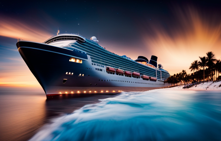 An image of a massive Carnival cruise ship, adorned with vibrant banners and filled with enthusiastic passengers engaging in thrilling water slides, lively poolside parties, and captivating stage performances under the starry night sky