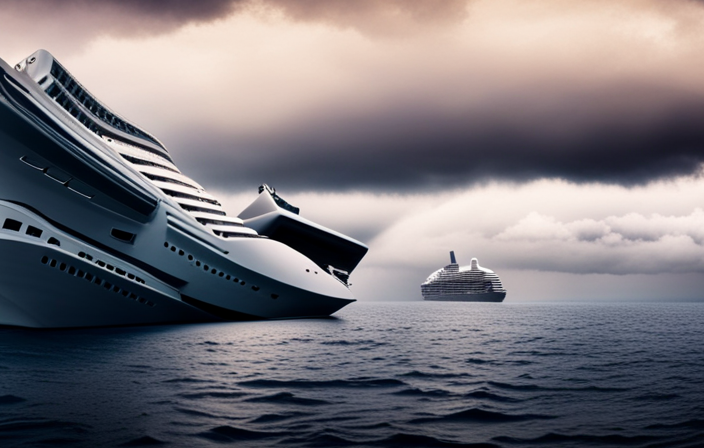 An image capturing the Norwegian Epic Cruise Ship amid a stormy sea, its colossal hull sliced in half, revealing a chaotic scene of frantic passengers clinging to lifeboats as dark clouds loom above