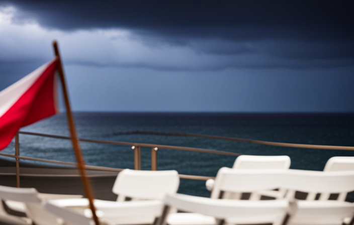 An image capturing the eerie scene of a deserted cruise ship docked amidst stormy seas, its vibrant Carnival flags drooping, while rain lashes against the empty deck chairs and the looming dark clouds cast a gloomy shadow over the deserted vessel