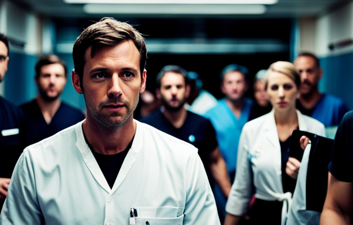 An image capturing the urgency of a medical emergency on a cruise ship: a worried passenger in distress, surrounded by concerned crew members, navigating through a maze of crowded corridors towards the ship's infirmary