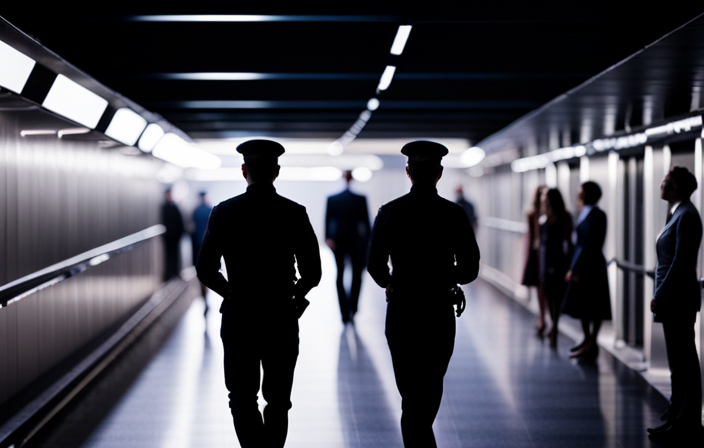An image of a dimly lit cruise ship corridor, with a uniformed security guard confronting a startled passenger, while nearby, a group of concerned onlookers whisper and exchange worried glances