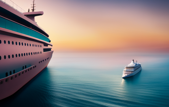 an image depicting a serene, sun-kissed cruise ship sailing through calm turquoise waters, under a pastel-hued evening sky, evoking a sense of mystery and curiosity about the afterlife on a cruise