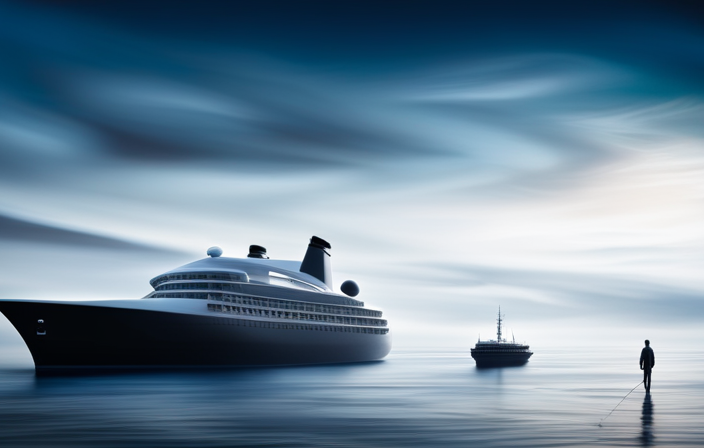 An image that depicts a deserted cruise ship, anchored in the middle of a vast ocean