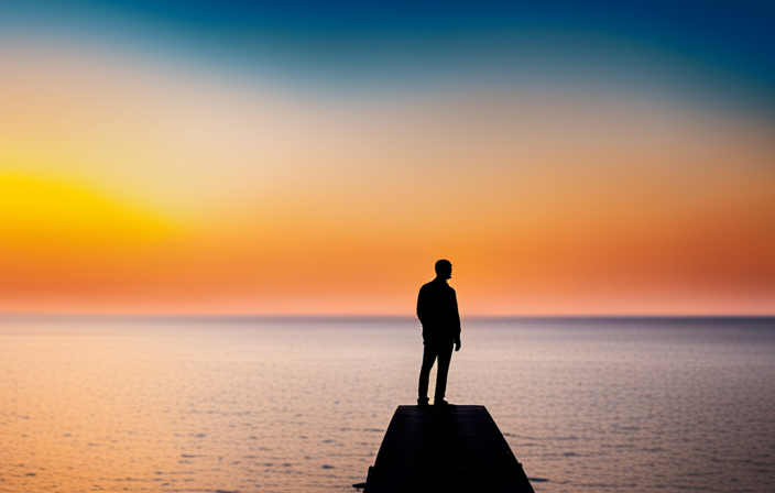 Depict a dramatic scene at sunset where a lone figure stands on the edge of a towering cruise ship, their silhouette framed against a vibrant orange sky, poised to leap into the vast expanse of the turquoise sea below
