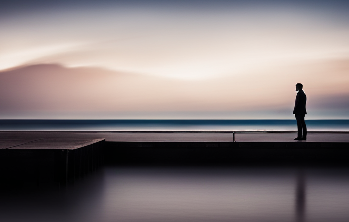 An image capturing the desolation of a lone pier against a backdrop of a majestic ocean, with a distant cruise ship sailing away, leaving behind a solitary figure on the dock