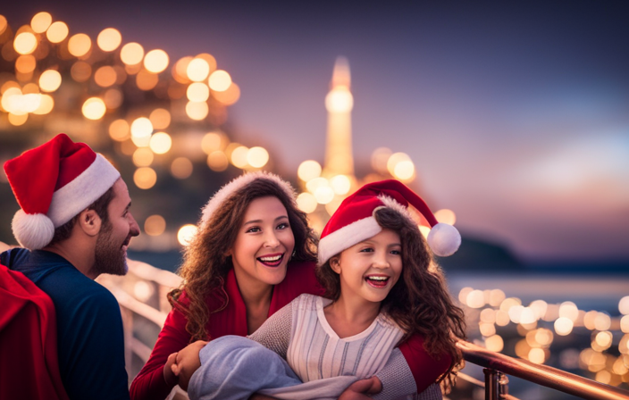 An image capturing the enchantment of a Disney Very Merrytime Cruise: a joyful family wearing Santa hats, surrounded by twinkling holiday lights, while Mickey and friends delightfully dance and sing on a festively decorated deck