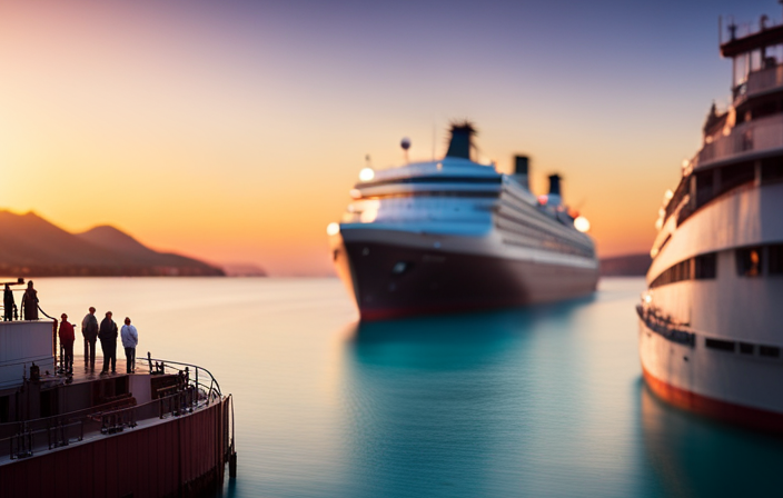 An image showcasing the evolution of old cruise ships: a radiant sunset backdrop reveals retired vessels moored in a shipyard, transforming into floating hotels, museums, or being dismantled for scrap metal, each with a unique fate