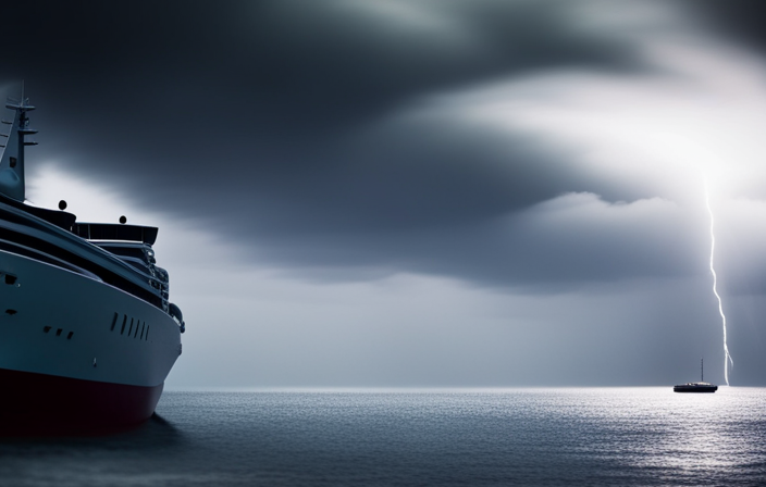 An image showcasing a desolate cruise ship docked in a storm-ridden harbor, its towering silhouette outlined against dark, turbulent skies