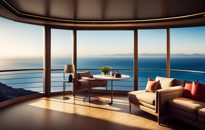 An image that showcases a luxurious cruise ship balcony room: a spacious cabin with floor-to-ceiling sliding glass doors, offering stunning ocean views, adorned with elegant furnishings, and a private outdoor seating area for guests to enjoy