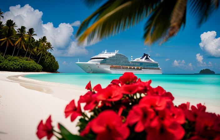 An image showcasing a luxurious cruise ship sailing through crystal-clear turquoise waters, adorned with vibrant tropical flowers and palm trees on a pristine white sandy beach, embodying the essence of a Bliss Cruise