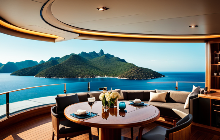 An image that showcases the intimate ambiance of a boutique cruise, with a deck adorned with plush sunbeds, elegant outdoor dining area, and panoramic views of pristine turquoise waters and lush coastal landscapes