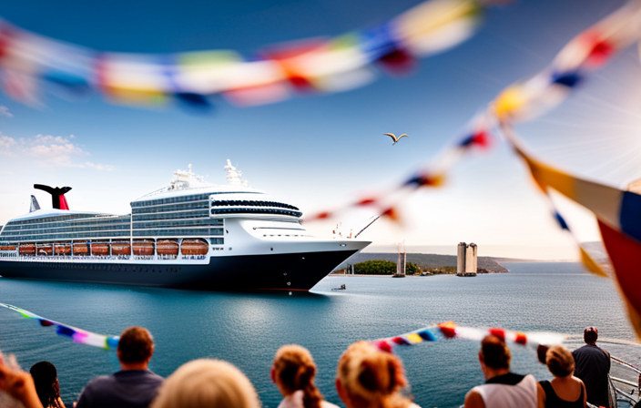An image of a colossal cruise ship, adorned with vibrant banners and colorful streamers, sailing into a picturesque port town