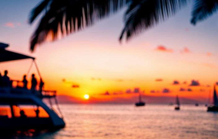 An image showcasing a breathtaking sunset catamaran cruise, with two sleek, twin-hulled boats gliding effortlessly through crystal-clear turquoise waters, framed by palm-fringed sandy beaches and a vibrant orange sky