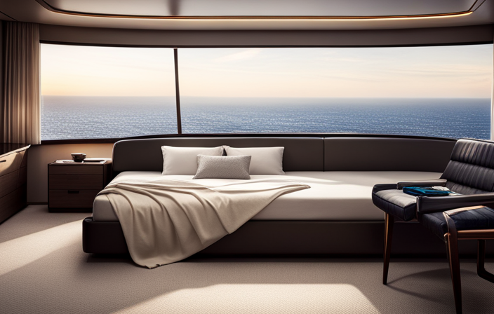 An image showcasing a spacious cruise ship cabin with a cleverly designed convertible lower bed