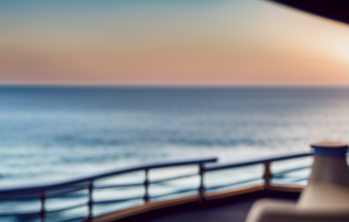 Rizing image of a serene cove balcony on a luxurious cruise ship, showcasing a private outdoor space with comfortable lounge chairs, surrounded by tranquil blue ocean waves and breathtaking panoramic views