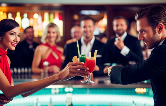 An image showcasing a vibrant cruise bar, adorned with a variety of colorful tropical cocktails, an elegant bartender skillfully mixing drinks, and guests reveling in lively conversations amidst a backdrop of sparkling ocean waves
