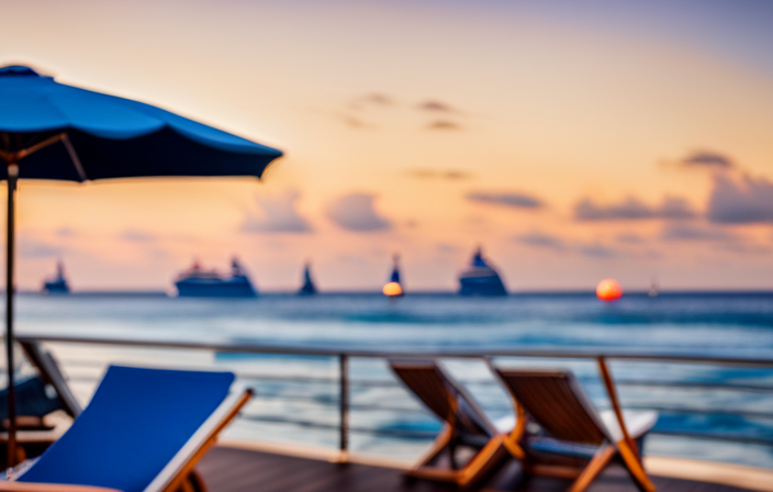 An image capturing the serene expanse of an endless sapphire ocean, peppered with elegant cruise ships gliding through calm waters, while colorful parasols dot the deck where relaxed vacationers bask in the sun