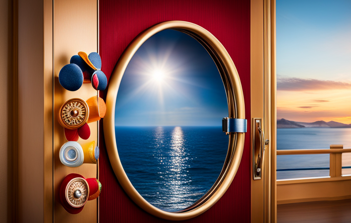 An image showcasing a vibrant Disney Cruise cabin door adorned with a whimsical Fish Extender