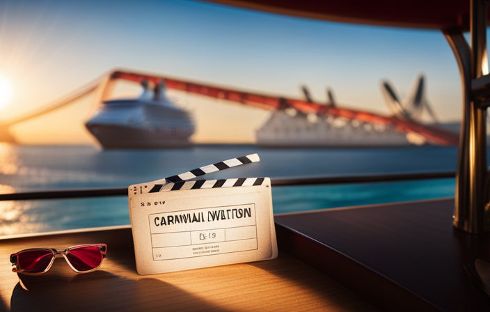 An image showcasing a vibrant carnival scene with a cruise ship in the background, while a close-up shot of a folio number card highlights the convenience and importance of this essential item during a Carnival Cruise vacation