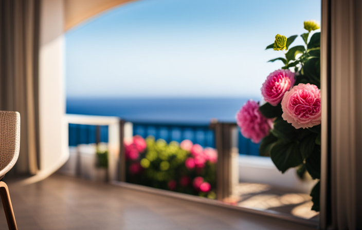 An image showcasing a serene oceanic view through a floor-to-ceiling glass panel, revealing a charming French balcony adorned with delicate flowers and an elegant bistro chair, inviting readers to discover the allure of a French balcony on a cruise ship
