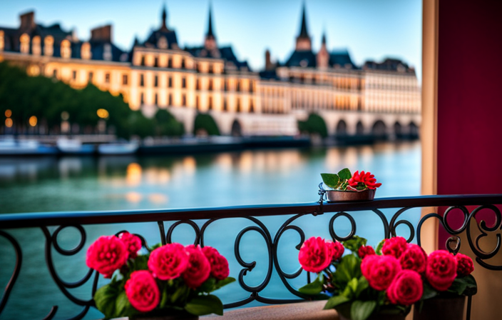 An image showcasing a serene river cruise scene with a small, elegant balcony adorned with a wrought iron railing and colorful potted flowers, inviting readers to discover the charm of a French balcony firsthand