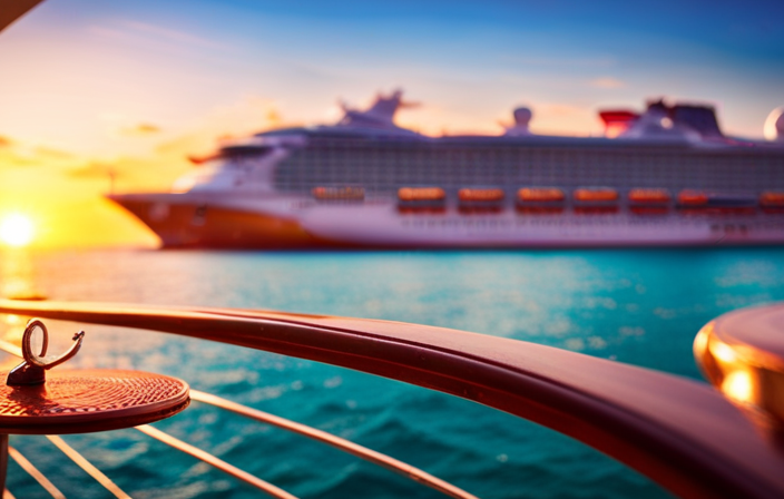 An image showcasing the luxurious Medallion Cruise experience on Princess: Captivating turquoise waters gently lap against a gleaming cruise ship, adorned with elegant balconies and vibrant sun loungers, as the sun sets in a blaze of warm hues