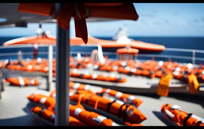 An image showcasing a spacious deck adorned with bright orange life jackets neatly arranged in rows, surrounded by clear signage and arrows, where passengers gather during an emergency at the muster station on a Carnival cruise ship