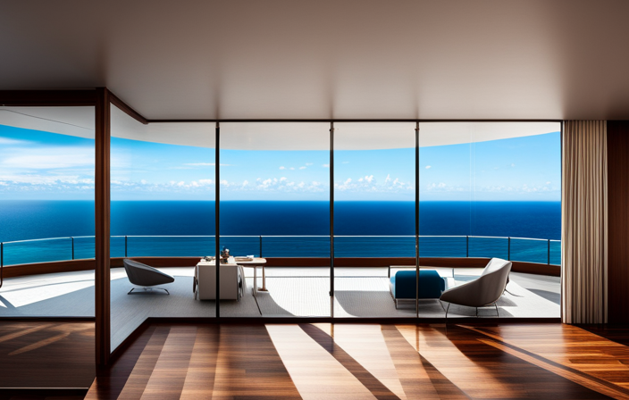 An image showcasing a vast, floor-to-ceiling glass window on a luxurious cruise ship