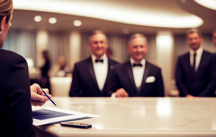 An image showcasing a poised purser onboard a luxurious cruise ship, confidently handling paperwork at an elegant reception desk while guests pass by in the background, conveying professionalism and exceptional customer service