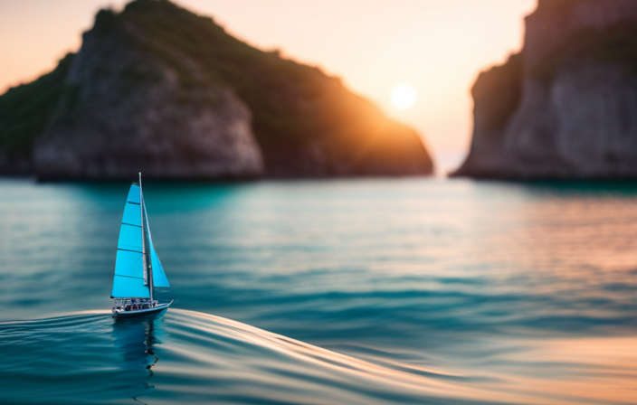 An image that captures the thrill of a shakedown cruise: a sleek sailboat gliding through sparkling turquoise waters, its sails billowing in the gentle breeze, surrounded by breathtaking coastal cliffs and a vibrant sunset sky