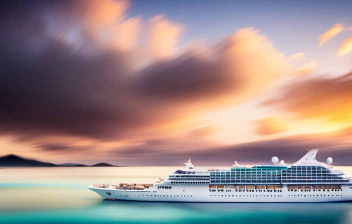 An image featuring a luxurious cruise ship sailing through crystal-clear turquoise waters, surrounded by breathtaking tropical islands