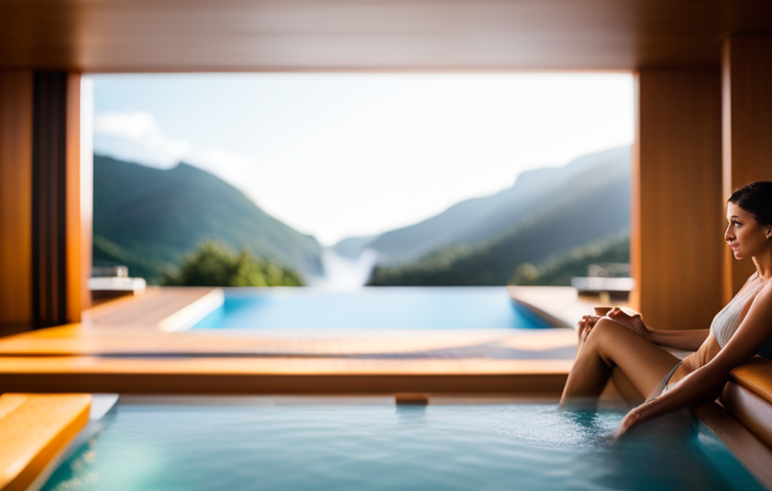 An image showcasing a serene and luxurious thermal suite onboard a cruise ship, featuring steam rising from sleek, mosaic-tiled saunas, inviting heated loungers, and a tranquil hydrotherapy pool surrounded by cascading waterfalls