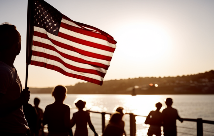 An image that captures the anticipation of families and friends on a sunlit pier, waving goodbye to sailors boarding a massive naval ship adorned with American flags, as it sets sail for a Tiger Cruise adventure