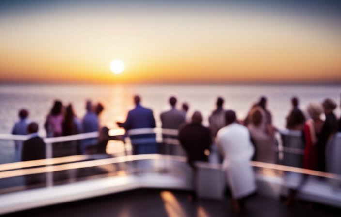 An image of a dazzling cruise ship deck at sunset, adorned with gleaming white decor