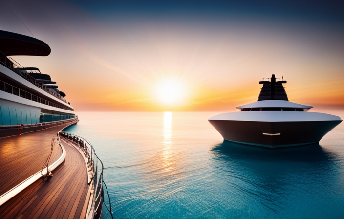 An image showcasing the aft of a majestic cruise ship: a sprawling deck with luxurious loungers, an infinity pool reflecting the stunning sunset, and a mesmerizing wake trailing behind, as the ship glides through turquoise waters