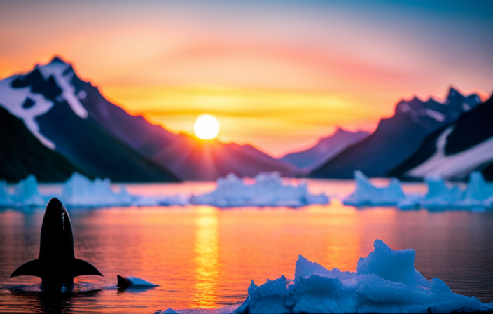 an image capturing the serenity of an Alaskan cruise: a majestic glacier towering over a tranquil sea dotted with icebergs, while a pod of playful orcas gracefully swims nearby, framed by snow-capped mountains and a vivid sunset sky